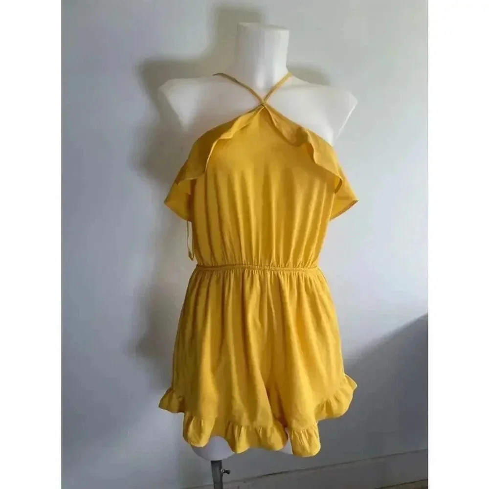 Boutique Monteau Women's Yellow Halter Neck Romper Shorts Ruffles Summer 0154